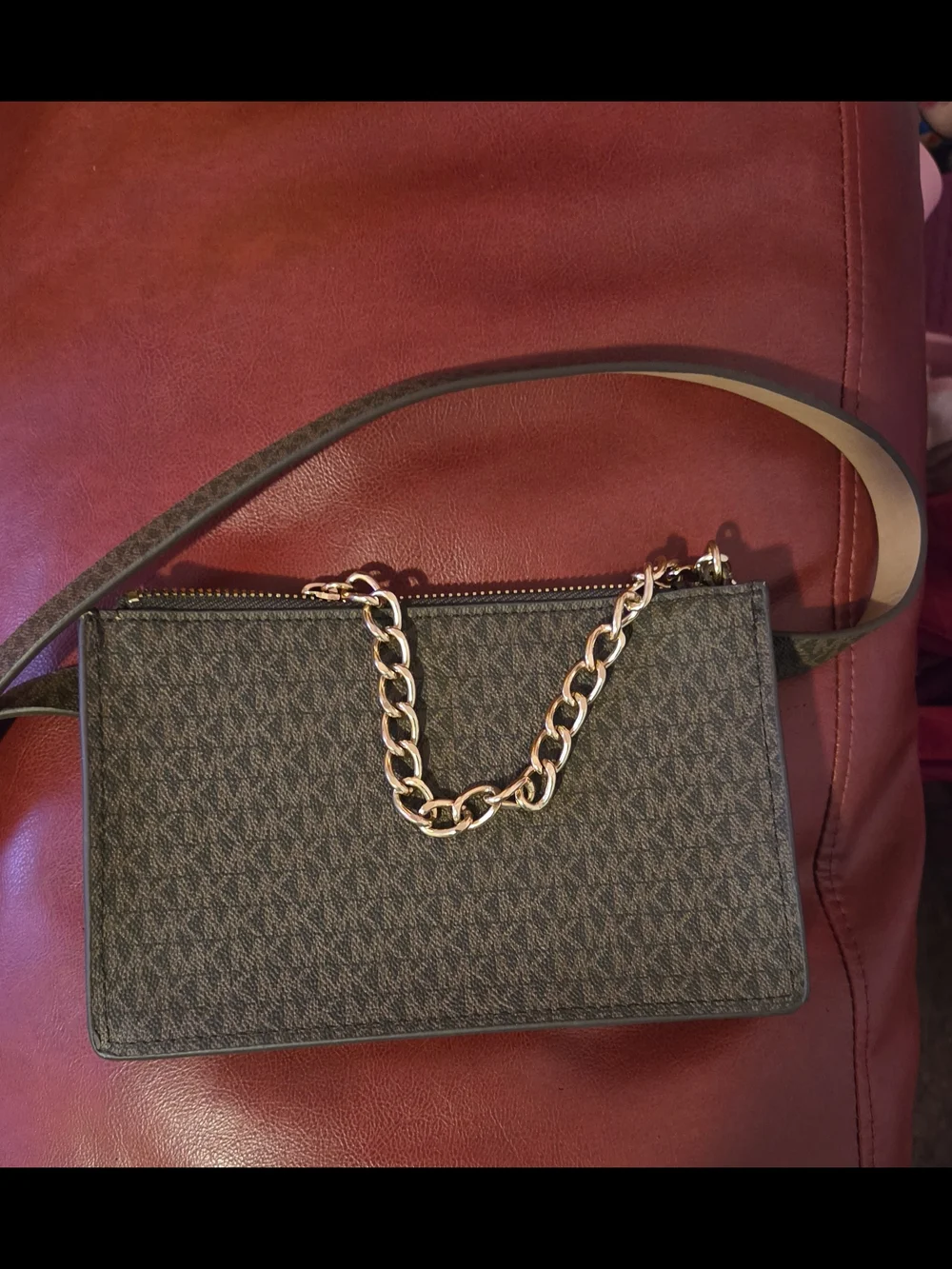 Michael Kors Dark Brown Signature Chain-Detail Crossbody Belt Bag Size M